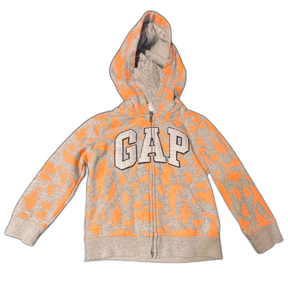 Baby Gap Toddler 5 yrs Logo zip-up hoodie gray and all over Orange Shark print